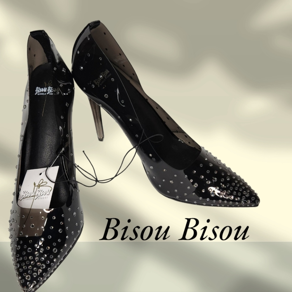 NWT Bisou Bisou black transparent studded stiletto heels women's size 8.…